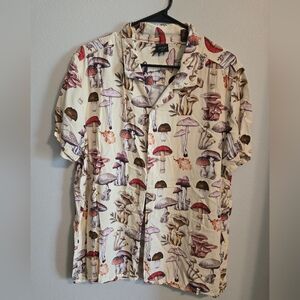 Mushroom Print Short Sleeve Button-Up Shirt - Cream Base | Mens S